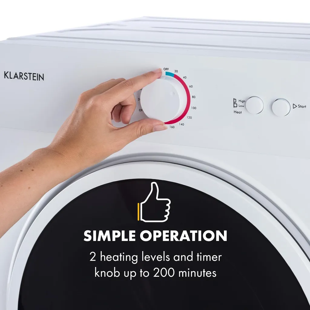 Klarstein Jet Set Wäschetrockner ,Ablufttrockner ,1020 W ,freistehend / Unterbau , ,3 Kg ,Ablufttrocknung ,Wärmewahl ,Timer Bis 200 Minuten ,Kompakt: 49 X 69 X 47 ,5 Cm (BxHxT) ,Edelstahltrommel ,weiß 5 Klarstein Jet Set Wäschetrockner ,Ablufttrockner ,1020 W ,freistehend / Unterbau , ,3 Kg ,Ablufttrocknung ,Wärmewahl ,Timer Bis 200 Minuten ,Kompakt: 49 X 69 X 47 ,5 Cm (BxHxT) ,Edelstahltrommel ,weiß – Bild 4