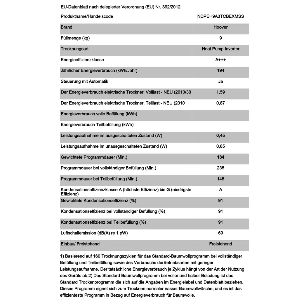 HOOVER NDPEH9A3TCBEXMSS WÄRMEPUMPENTROCKNER H-DRY500 Füllmenge 1-9 Kg 9 HOOVER NDPEH9A3TCBEXMSS WÄRMEPUMPENTROCKNER H-DRY500 Füllmenge 1-9 Kg – Bild 7