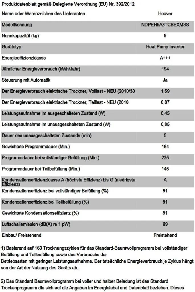 HOOVER NDPEH9A3TCBEXMSS WÄRMEPUMPENTROCKNER H-DRY500 Füllmenge 1-9 Kg 12 HOOVER NDPEH9A3TCBEXMSS WÄRMEPUMPENTROCKNER H-DRY500 Füllmenge 1-9 Kg – Bild 10