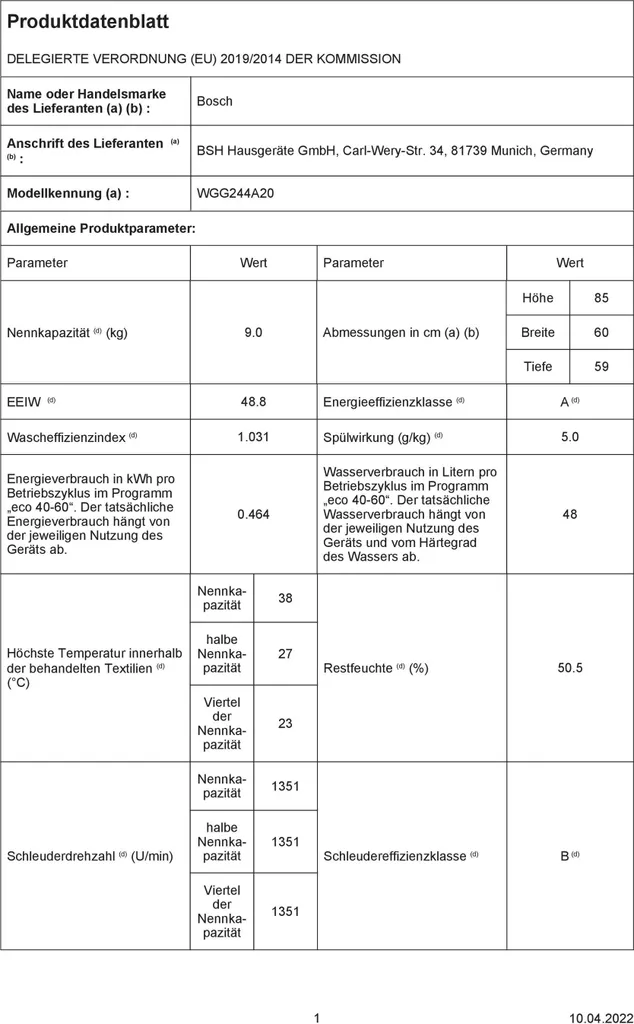 Bosch Serie | 6,Waschmaschine Frontlader 9 Kg 1400 U/min. WGG244A20 10 Bosch Serie | 6,Waschmaschine Frontlader 9 Kg 1400 U/min. WGG244A20 – Bild 8
