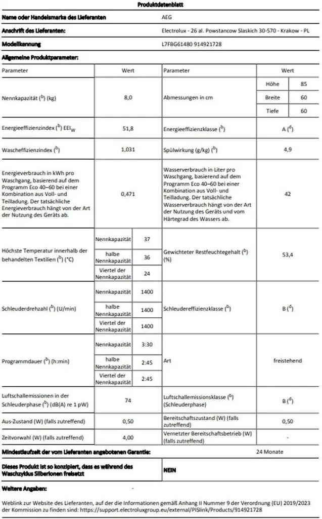 AEG - L7FBG61480 - Waschmaschine - 8 Kg 9 AEG - L7FBG61480 - Waschmaschine - 8 Kg – Bild 7