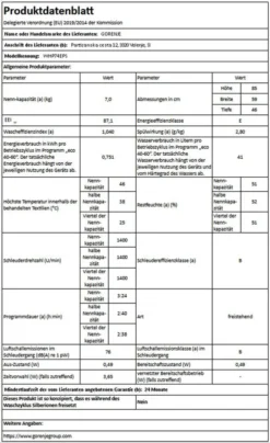 Gorenje WHP74EPS Waschmaschine - Freistehend - Frontlader - 7 Kg Fassungsvermögen - 1400 U/min. - AquaStop - Weiß - Wasserpegelsensor - 15 Programme - Kindersicherung -Hoovery Geschaft 7827242cab23e76035bb7c03723b37b3