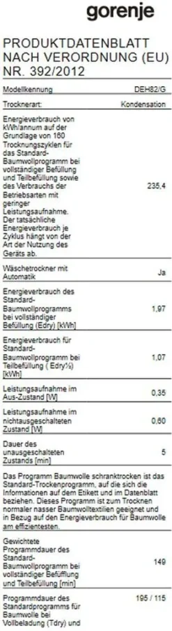 Gorenje DEH82/G Wärmepumpentrockner -Hoovery Geschaft 7f4f267b3dca8bf6ed819dfd295bf391