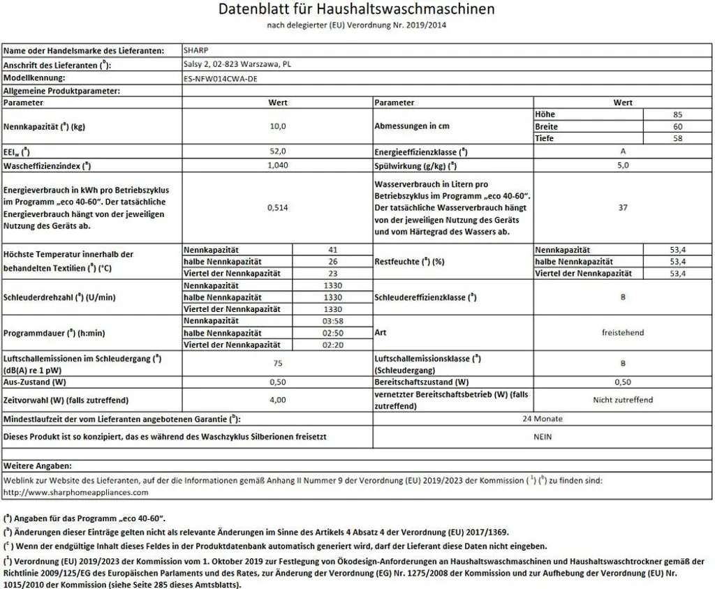 Sharp ES-NFW014CWA-DE Waschmaschine 10kg 9 Sharp ES-NFW014CWA-DE Waschmaschine 10kg – Bild 7