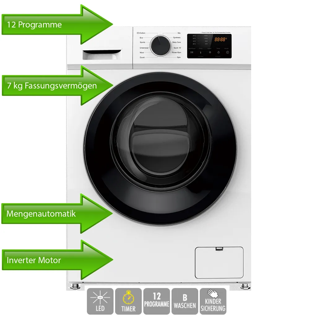 PKM Waschmaschine Waschautomat Frontlader Vollwaschautomat 7kg WA7-E1214I 4 PKM Waschmaschine Waschautomat Frontlader Vollwaschautomat 7kg WA7-E1214I – Bild 2