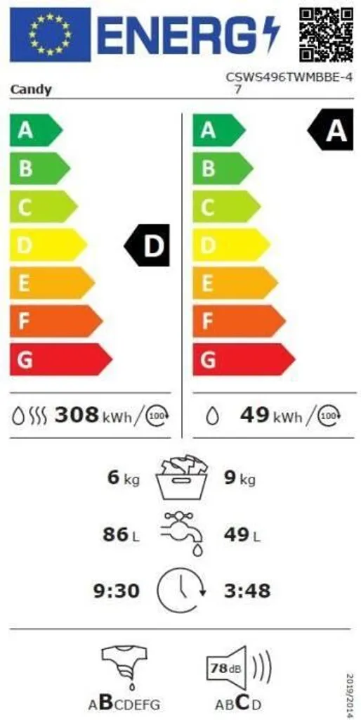 CANDY CSWS496TWMBBE-47 Waschtrockner - 9 Kg Waschen / 6 Kg Trocknen - Breite 60 Cm - - 1400 U / Min - Schwarz 4 CANDY CSWS496TWMBBE-47 Waschtrockner - 9 Kg Waschen / 6 Kg Trocknen - Breite 60 Cm - - 1400 U / Min - Schwarz – Bild 2